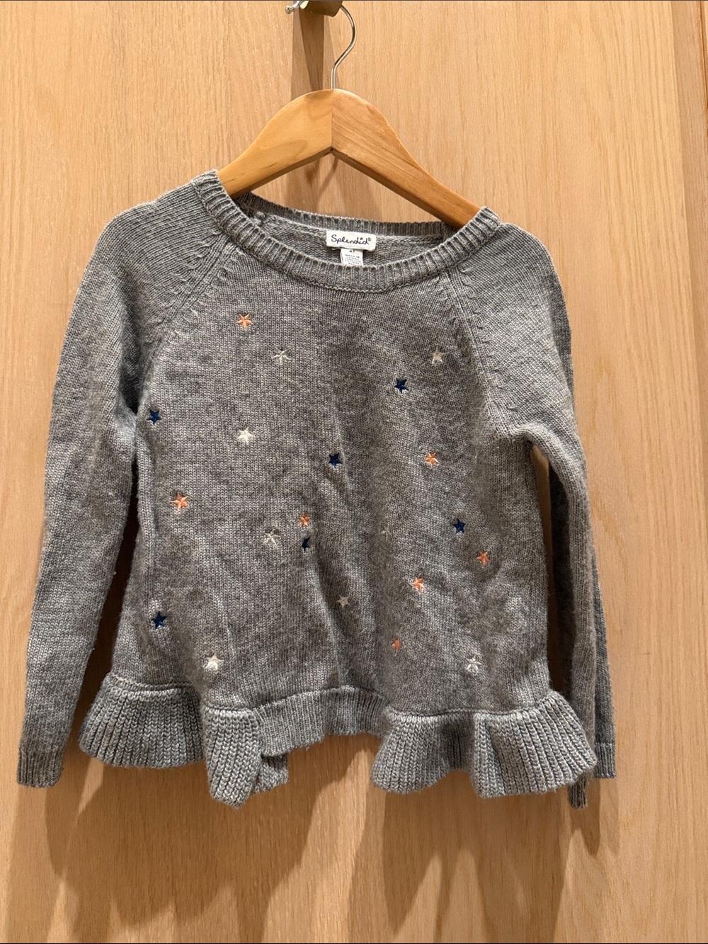 Splendid Gray Star-Embroidered Ruffle-Hem Crewneck Sweater